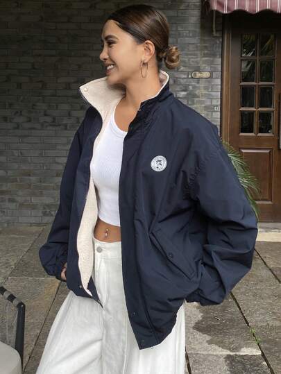 Livesso Printed Loose Fit Mock Neck Zipper Closure Long Sleeve Jacket For Women,Fall Women Clothes,Fleece Lined