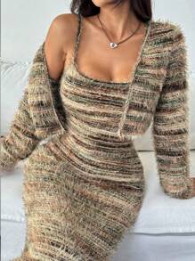 RosyDaze 复古秋冬短款毛呢原创设计混色针织高弹力休闲聚会居家开衫长袖外套性感仅外套不含连衣裙