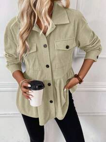 SHEIN LUNE Chaqueta casual de mujer con botones delanteros y dobladillo con volantes, adecuada para el uso diario en otoño