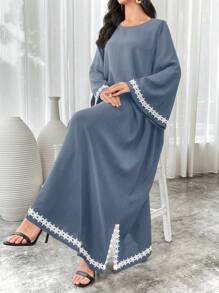 Al Najma 女士拼布缎带喇叭袖长款宽松土耳其连衣裙、卡夫坦和贾拉比亚长袍端庄连衣裙阿拉伯连衣裙 - 藍色 - 查看 9