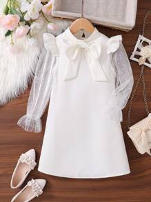 年轻女孩可爱盖袖闪亮网眼袖 3D 大蝴蝶结装饰 A 字裙，适合秋冬季，适合圣诞节、派对装、生日礼服、公主裙，白色 - 白色 - 查看 9