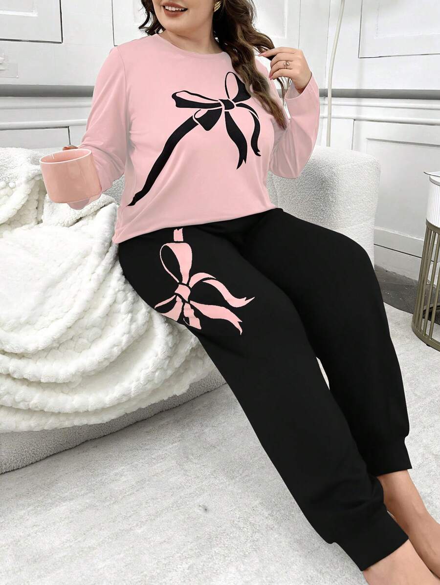 2pcs Plus Size Bow Print Contrast Color Long Sleeve Top & Pants Pajama Set, Sleepwear, Cozy Outfits, Fall Winter Clothes