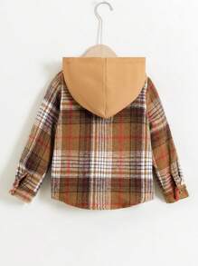 SHEIN Young Boy Plaid Pocket Single-Breasted Hooded Casual Jacket, Spring Autumn - Brown - View 2