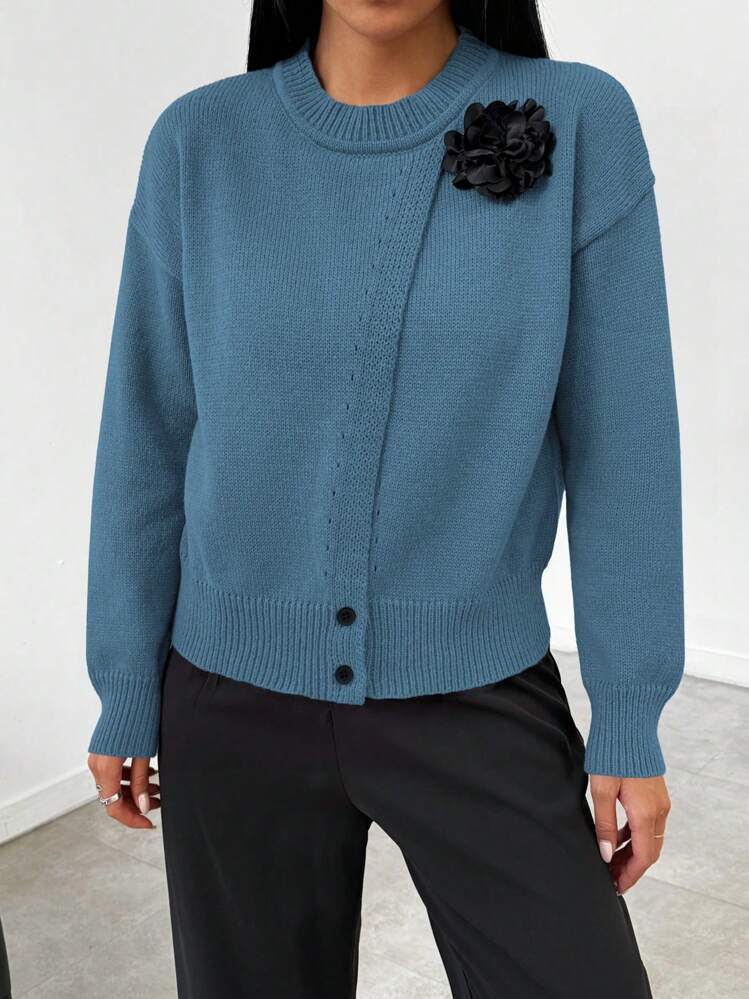 Celisse 1pc Women Casual Floral 3D Decor Split Side Pullover Sweater, Autumn/Winter, Long Sleeve Top Knit Pullover Fall - Dusty Blue - View 4