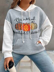 SHEIN LUNE 大码休闲字母和南瓜印花拼色袋鼠口袋连帽衫