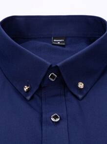 Manfinity Mode Men's Plain Front Button Long Sleeve Casual Shirt, For Fall - Navy Blue - View 4