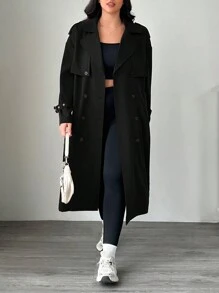 SHEIN EZwear Plus Size Solid Color Double-Breasted Casual Trench Coat, Autumn