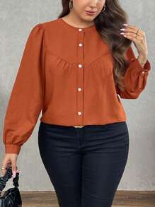 SHEIN LUNE 大码纯色前扣长袖简约衬衫，休闲日常穿着 - 紅木色 - 查看 8