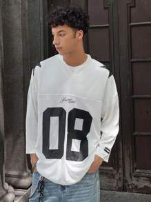 Manfinity VCAY Men's Casual Loose Fitting Knit Numeric Print Mesh Contrast Short Sleeve T-Shirt, Fashionable Youth Daily Wear