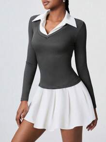 Flirla 1pc Women's Minimalist V-Neck Patchwork Long Sleeve Fitted Waist Dress, College Style, Black, Autumn/Winter