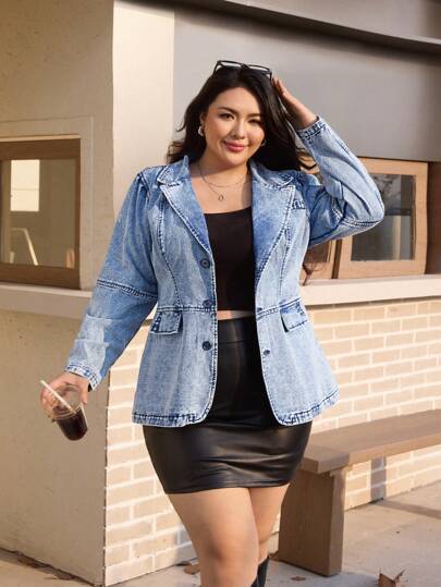 SHEIN EZwear 大码女式秋季立领长袖单排扣保暖圣诞节感恩节休闲牛仔外套