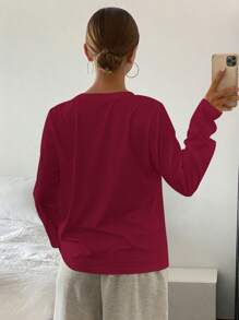 DAZY Women Solid Color Crew Neck Casual Long Sleeve T-Shirt,Fall Clothes - Burgundy - View 2