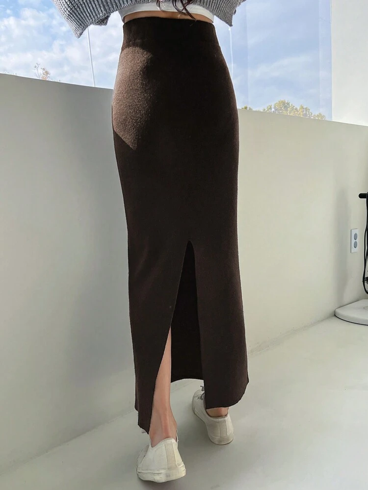 1pc Women's Casual Everyday Solid Color Fish Tail Hem Knitted Skirt For Autumn/Winter