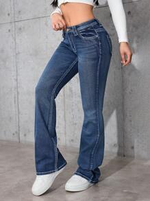 Jeanoix Women's Elastic Waist, Low-Rise Flared Denim Pants - Medium Wash - View 5