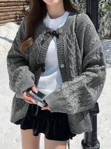 DAZY Women Casual Bowknot Decor Drop Shoulder Loose Cardigan, Autumn/Winter,Long Sleeve Tops,Fall Women Clothes