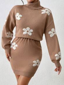 Chiquease Vestido de malha com estampa floral romântica francesa e cintura alta - Caqui - Ver 3