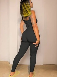 INAWLY Solva Bộ đồ liền thân bó sát màu trơn đơn giản dành cho nữ - Màu xám đen - Xem 2