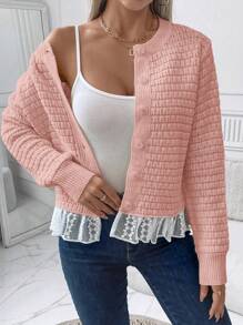 SHEIN LUNE Women Autumn/Winter Casual Button Up Ruffle Hem Lightweight Cardigan - Baby Pink - View 4