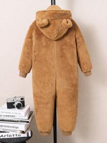 SHEIN 年轻男孩可爱熊刺绣连帽连体衣，休闲连体衣，适合学校、花园、海滩、生日、春夏秋冬