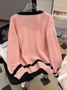 SHEIN LUNE Cárdigan de punto casual y elegante de manga larga con bloques de color y empalmes, para el invierno, tallas grandes - Multicolor - Ver 2