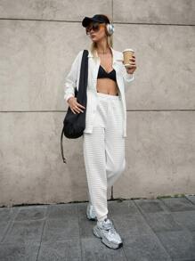 Hanevo 3 Stücke/Set für Damen, lockere, lässige Jacke mit Drop Shoulder, Unterhemd und gepolsterte karierte Hose, Flughafen-Outfit - Weiss - Übersicht 2