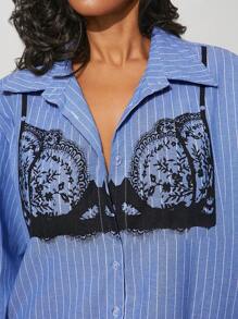 Hauture 女士秋季条纹蕾丝内衣印花长袖单排扣宽松休闲衬衫 - 藍色 - 查看 7