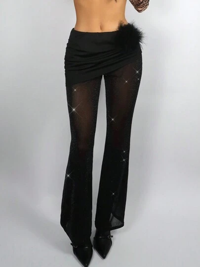 EgrlEra 女式派对透明金属网纱花卉装饰低腰喇叭裤