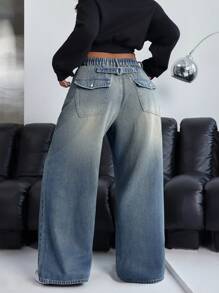 大码女式口袋宽松阔腿休闲百搭牛仔裤 - 淺色水洗藍 - 查看 1