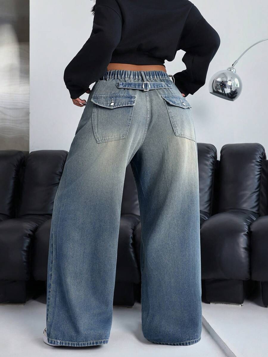 大码女式口袋宽松阔腿休闲百搭牛仔裤 - 淺色水洗藍 - 查看 1
