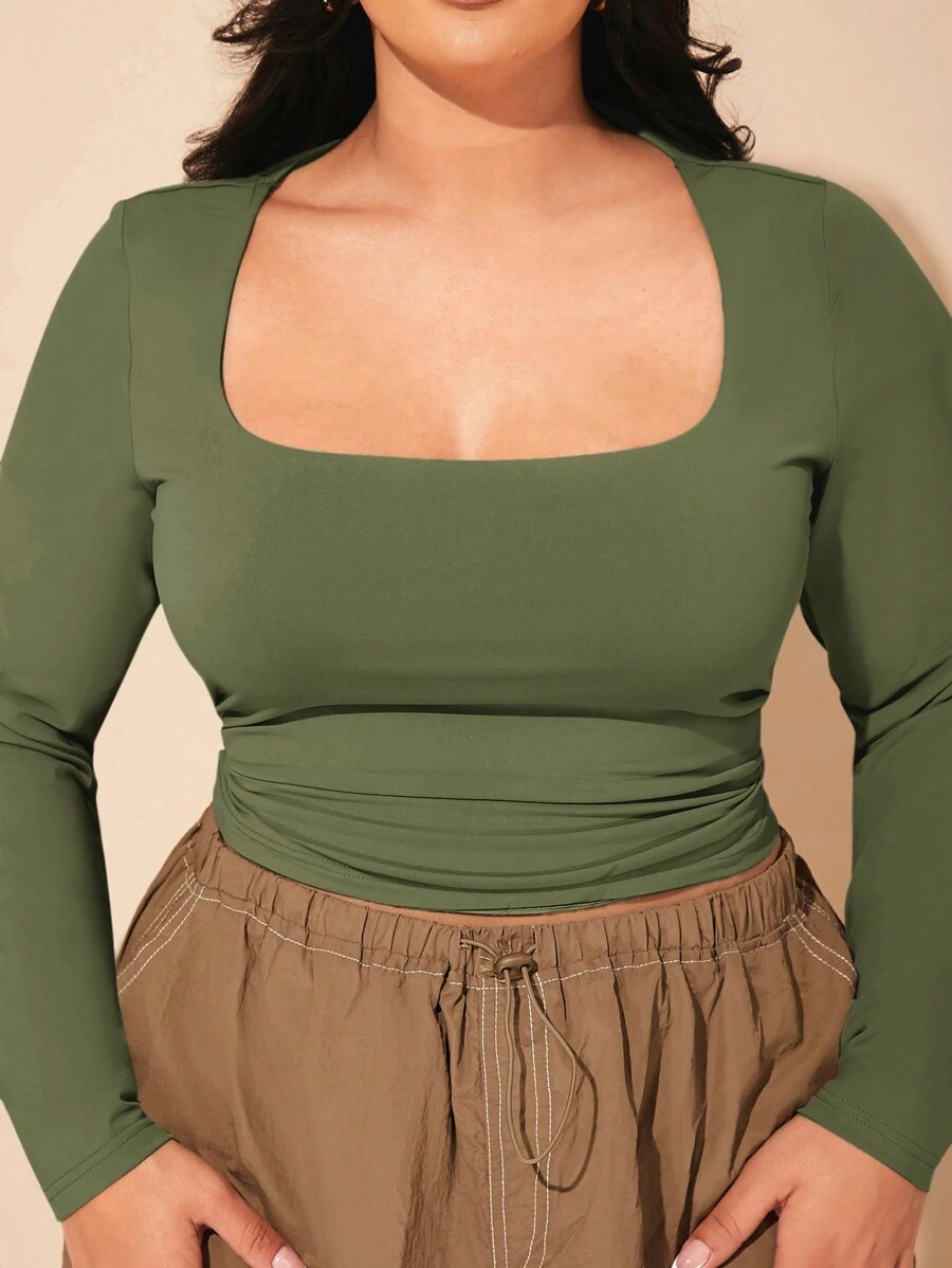 SHEIN BAE 加大码秋季方领褶皱针织紧身长袖 T 恤，优雅百搭通勤上衣