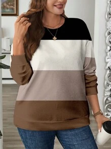 SHEIN LUNE 大码女式条纹图案印花宽松圆领长袖运动衫，休闲秋冬 - 彩色 - 查看 1