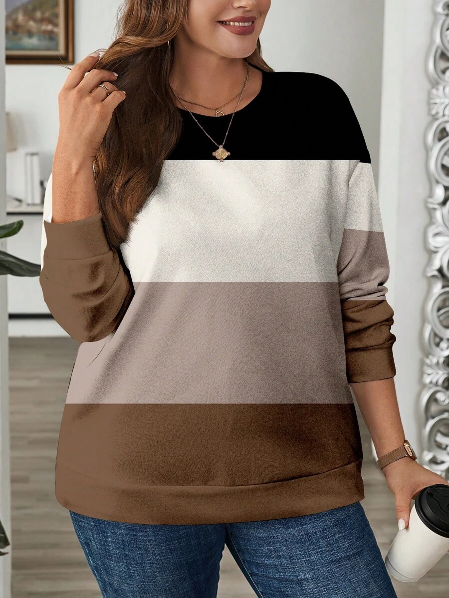 SHEIN LUNE 大码女式条纹图案印花宽松圆领长袖运动衫，休闲秋冬 - 彩色 - 查看 1