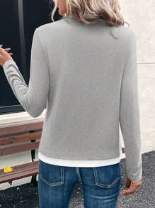 EMERY ROSE Women Contrast Color Trim Round Neck Casual Versatile Long Sleeve T-Shirt - Light Grey - View 2