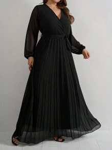 RueChic Plus Size Women's V-Neck Pleated Hem Balloon Sleeves Belted Chiffon Dress