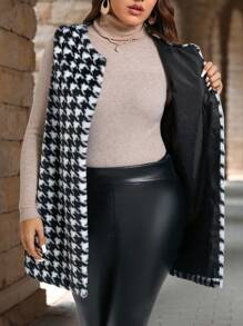 EMERY ROSE Plus Size Women Sleeveless Houndstooth Fluffy Open Front Jacket, Winter Women Clothes - Black and White - View 7
