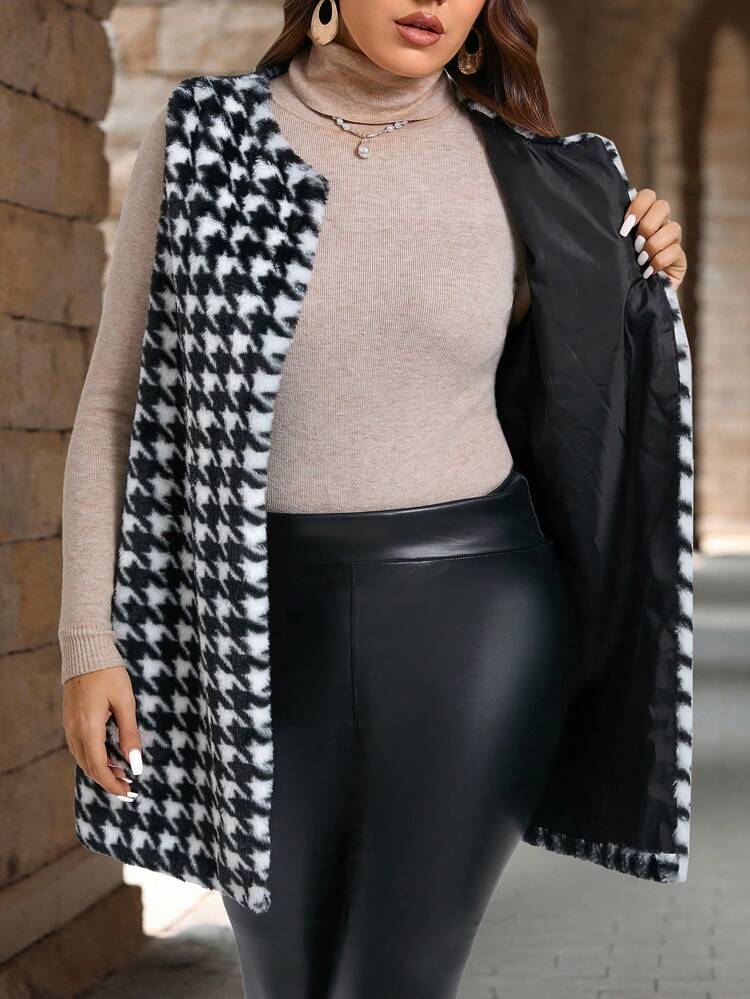 Plus Size Women Sleeveless Houndstooth Fluffy Open Front Jacket, Winter Women Clothes