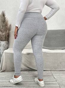 SHEIN VCAY 秋季大码弹力纯色紧身打底裤 - 灰色 - 查看 2