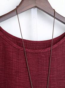 大码休闲纯色纹理不对称下摆衬衫，秋季 - 酒紅色 - 查看 4