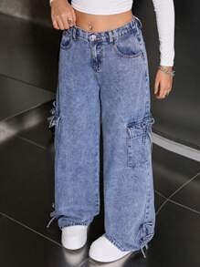 SHEIN 少女 Y2K 休闲仿旧蓝色撞色蝴蝶结喇叭腿牛仔裤