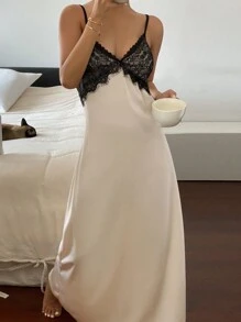 DAZY 蕾丝拼布缎面吊带背心露背睡袍睡衣