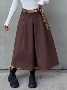 Flirla Plus Size Brown PU Skirt With Waist Cinching, Casual And Stylish, Autumn/Winter - Brown - View 1