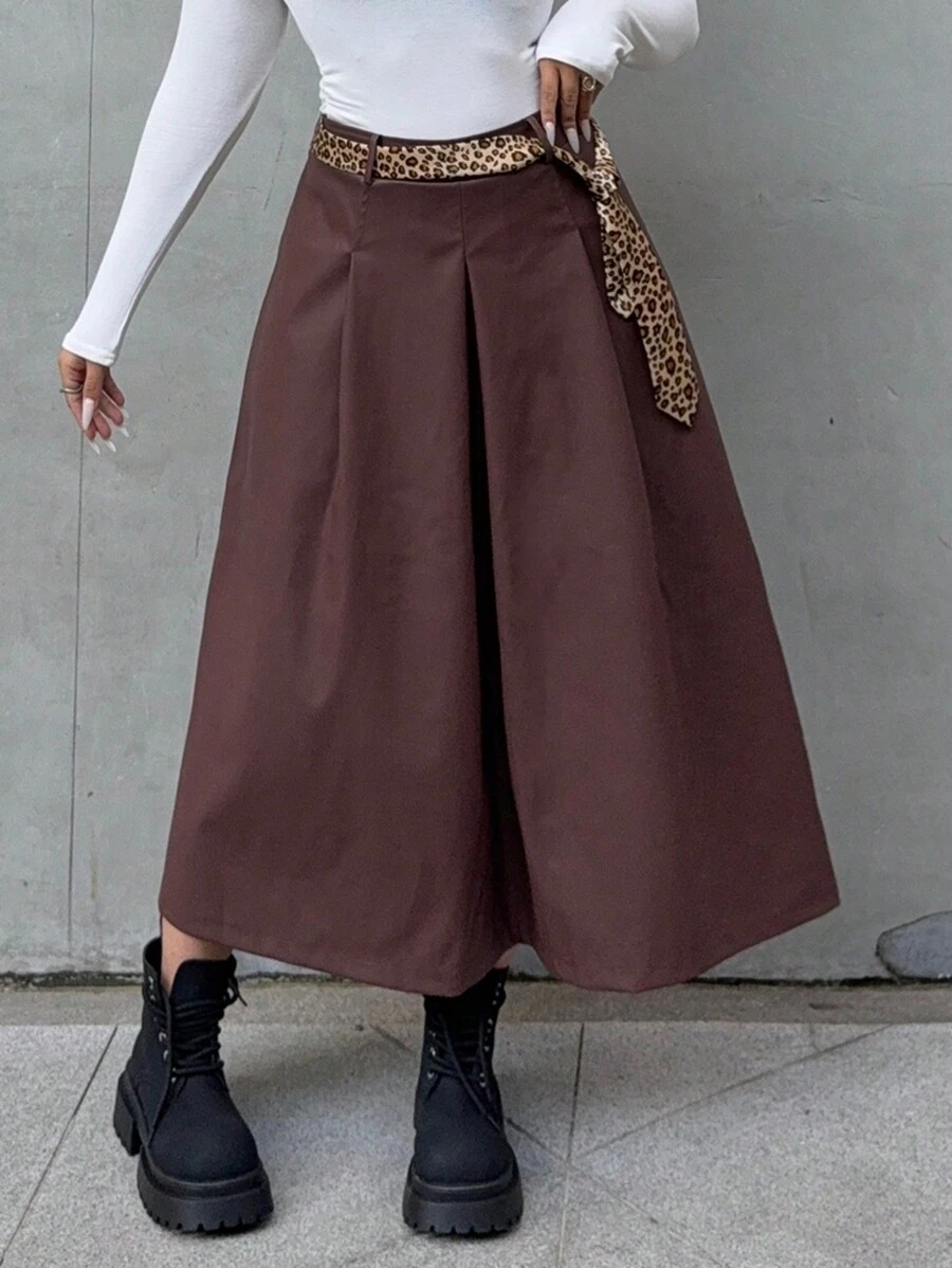 Flirla Plus Size Brown PU Skirt With Waist Cinching, Casual And Stylish, Autumn/Winter - Brown - View 1