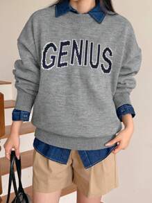 DAZY 女士字母印花落肩长袖宽松休闲毛衣，秋冬 - 灰色 - 查看 2