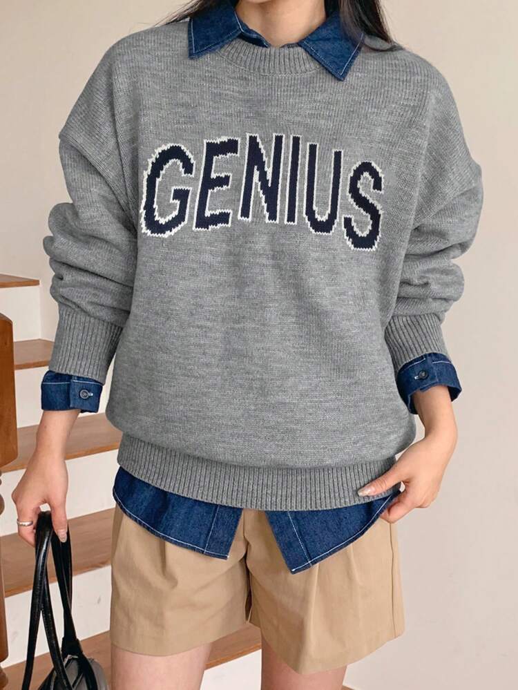 Women's Letter Print Dropped Shoulder Long Sleeve Loose Casual Sweater, Autumn/Winter
