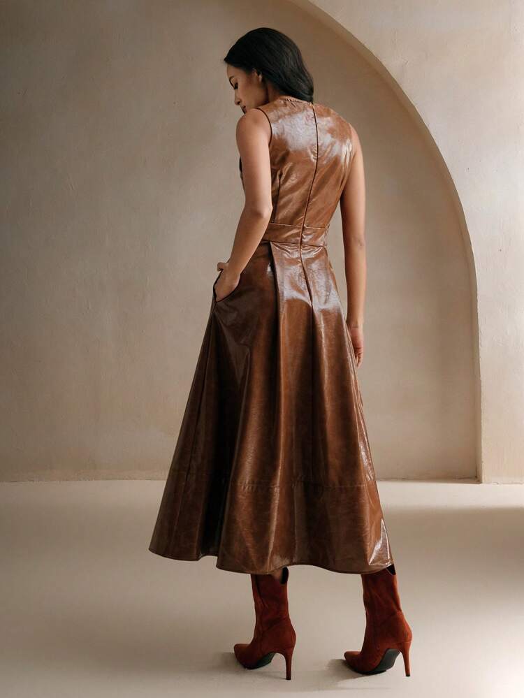 Women Faux Leather Maxi Deep V-Neck Dress PU Leather Women Outfit