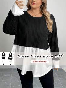 SHEIN CURVE+ Camiseta de manga larga con bloques de color talla grande para mujer, otoño/invierno - Blanco y Negro - Ver 3