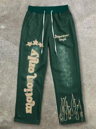 Manfinity Roghcode بنطلون رياضي كاجوال للرجال مع طباعة حرفية وجيوب، للارتداء اليومي، للحفلات