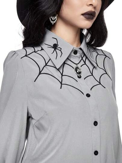 Goth Blouse pour femme brodée de motifs de toile d'araignée gothiques, peut être portée comme couche intérieure