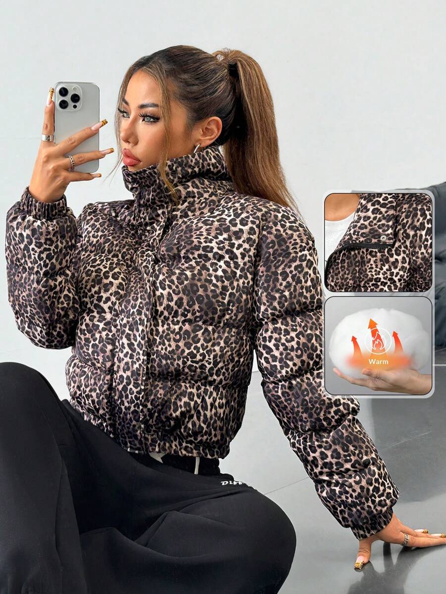 SHEIN EZwear Women's Fashionable Leopard Print Padded Coat, Winter - Multicolor - View 1