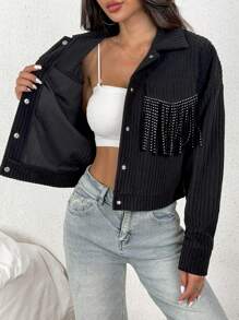 Chiquease 女士金属纽扣流苏装饰罗纹落肩夹克，秋冬季休闲款 - 黑色 - 查看 6